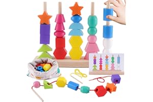 Toddler Montessori Toys Wooden Beads Sequencing Toy Set, Stacking Blocks & Lacing Beads & Matching Shapes, Shape Sorter Toys 