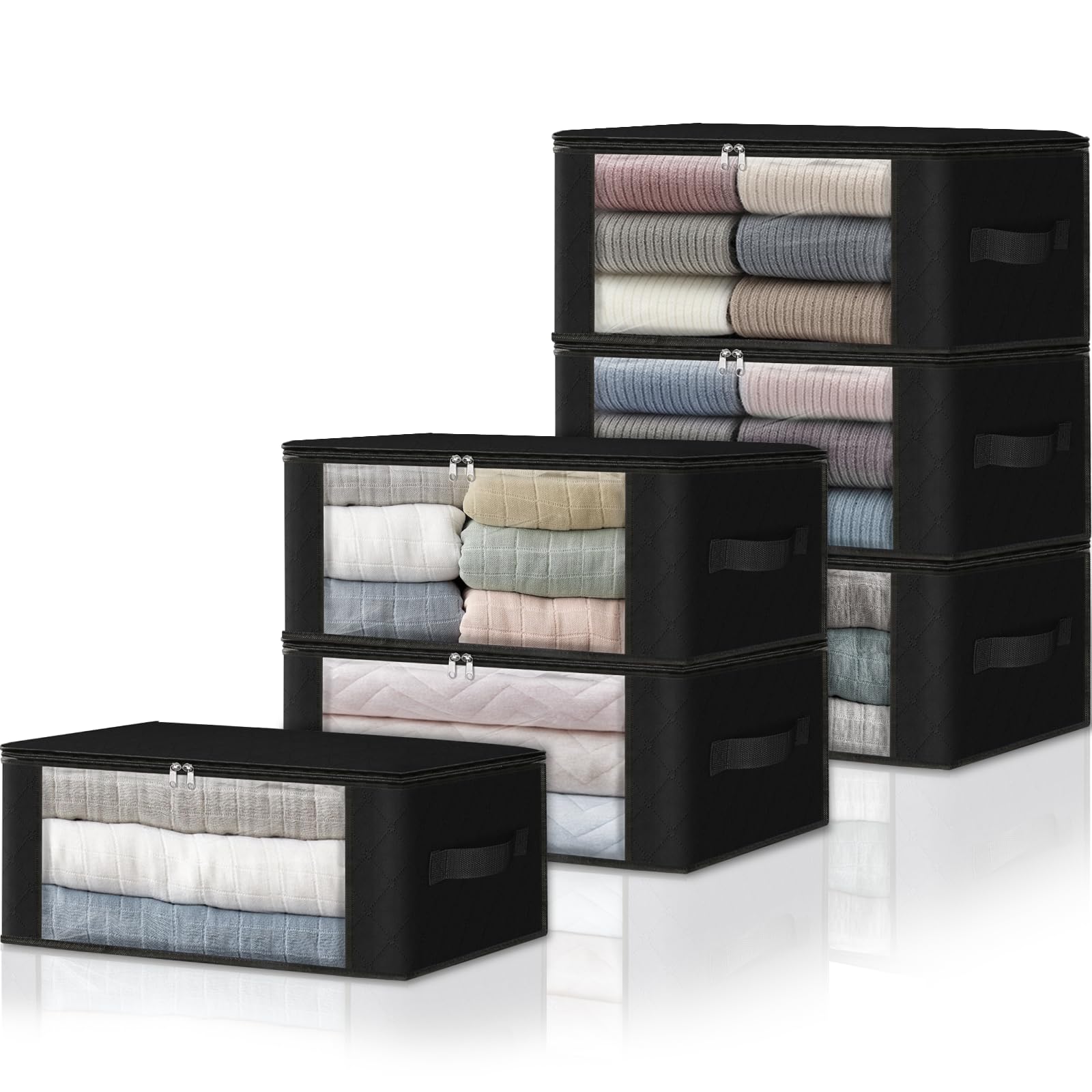 HomeHacks 6-Pack Clothes Organizer Storage Bags Foldable Storage Box with Large Clear Window Sturdy Handles for Closet, Dorm, Pillows, Bedding, Clothes, Stuffed Toys, Blankets, 35L, Black