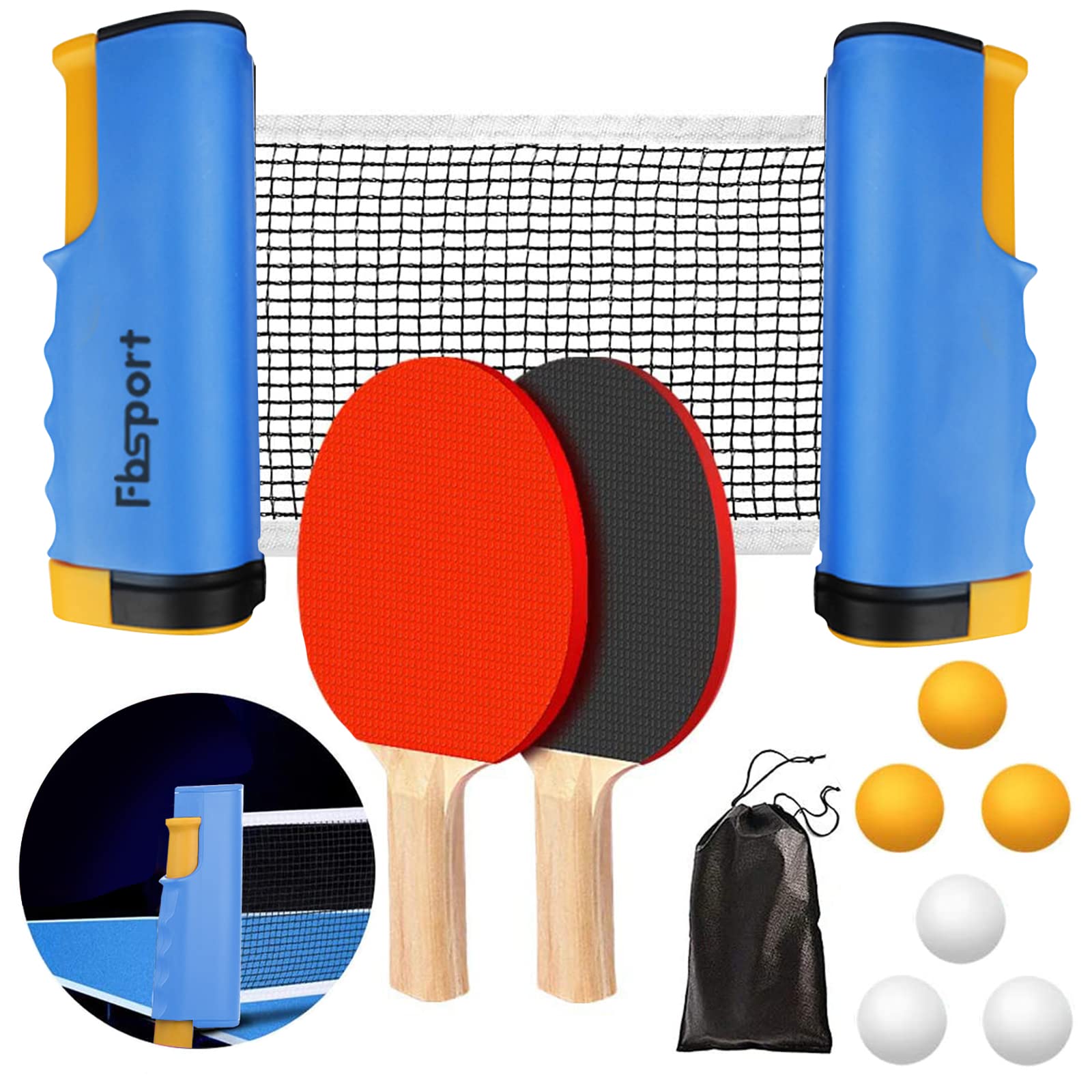 FBSPORT Table Tennis Set, Ping Pong Bats Set with 2 Paddles, 1 Retractable Net, 6 Balls, 1 Carrying Bag, for Trainer Adults Families Indoor Outdoor
