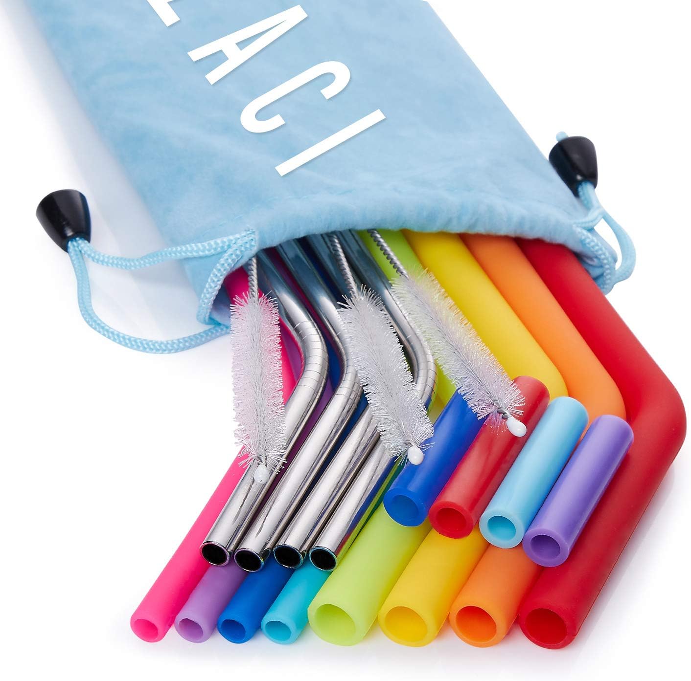 4 Stainless Steel Straws and 8 Silicone Straws with 2 Cleaning Brushes, Reusable Silicone and Metal Drinking Straws for 20oz 30oz Stainless Tumbler Yeti Rambler Rtic Ozark Trail Complete Bundle