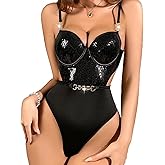 uwsic Teddy Lingerie For Women Sequin Bodysuit Snap Crotch Underwire Metallic Leotard Body Tops Black