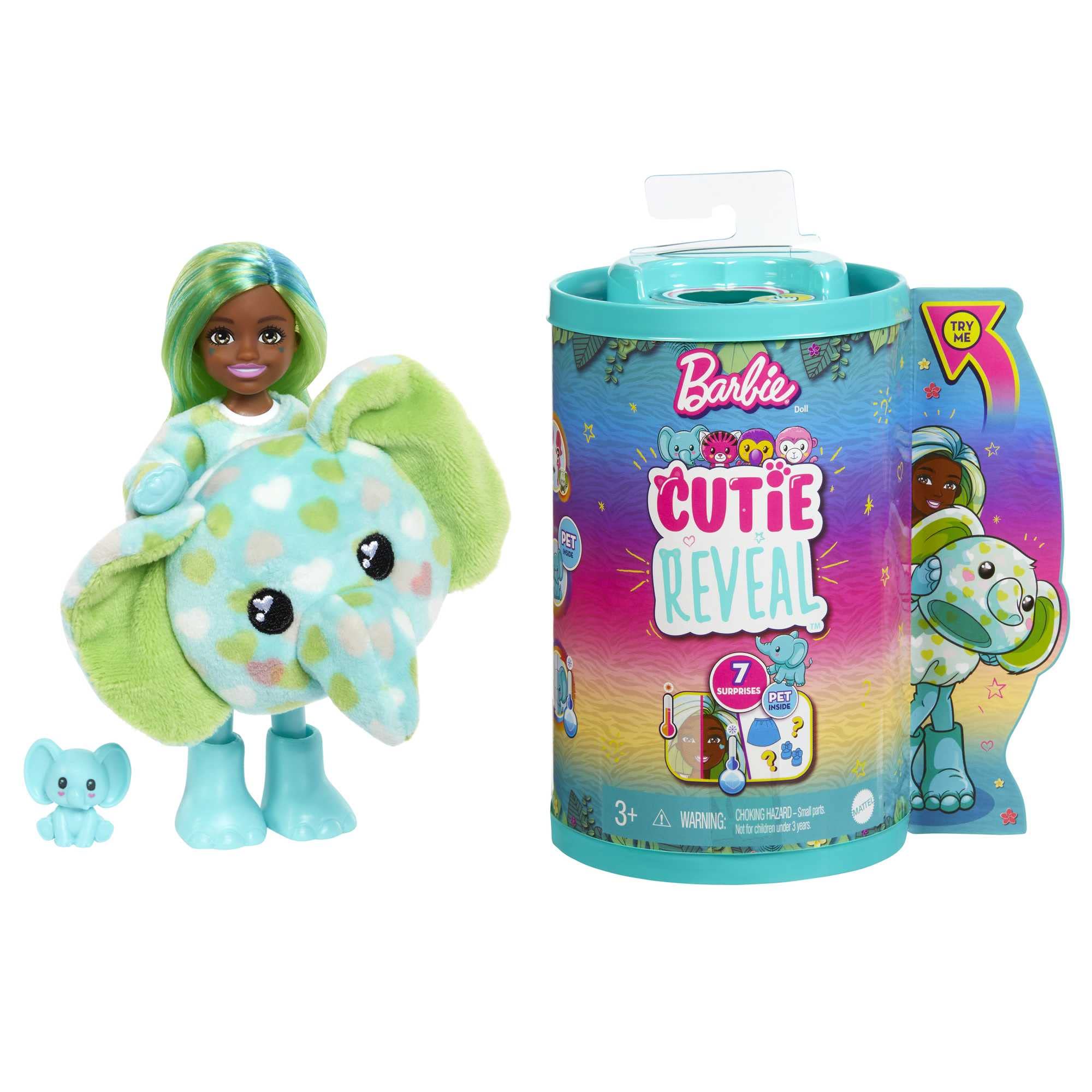 ​Barbie Small Dolls and Accessories, Cutie Reveal Chelsea Doll with Elephant Plush Costume & 7 Surprises Including Color Change, Jungle Series