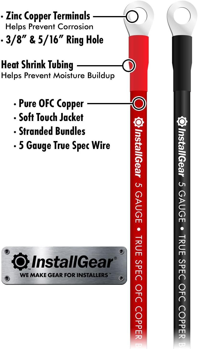 InstallGear 5 AWG Gauge 2ft Battery Power Inverter Cables for Solar, Auto, RV & Marine - 99.9% Oxygen-Free Copper (Set): Automotive