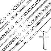 stino 7/8PCs Stainless Steel Chain Necklace Set for Men Women, Silver Tone Necklace Chains Bulk, Figaro Chain, Snake Chain, Cuban Link Chain, Rope Chain.