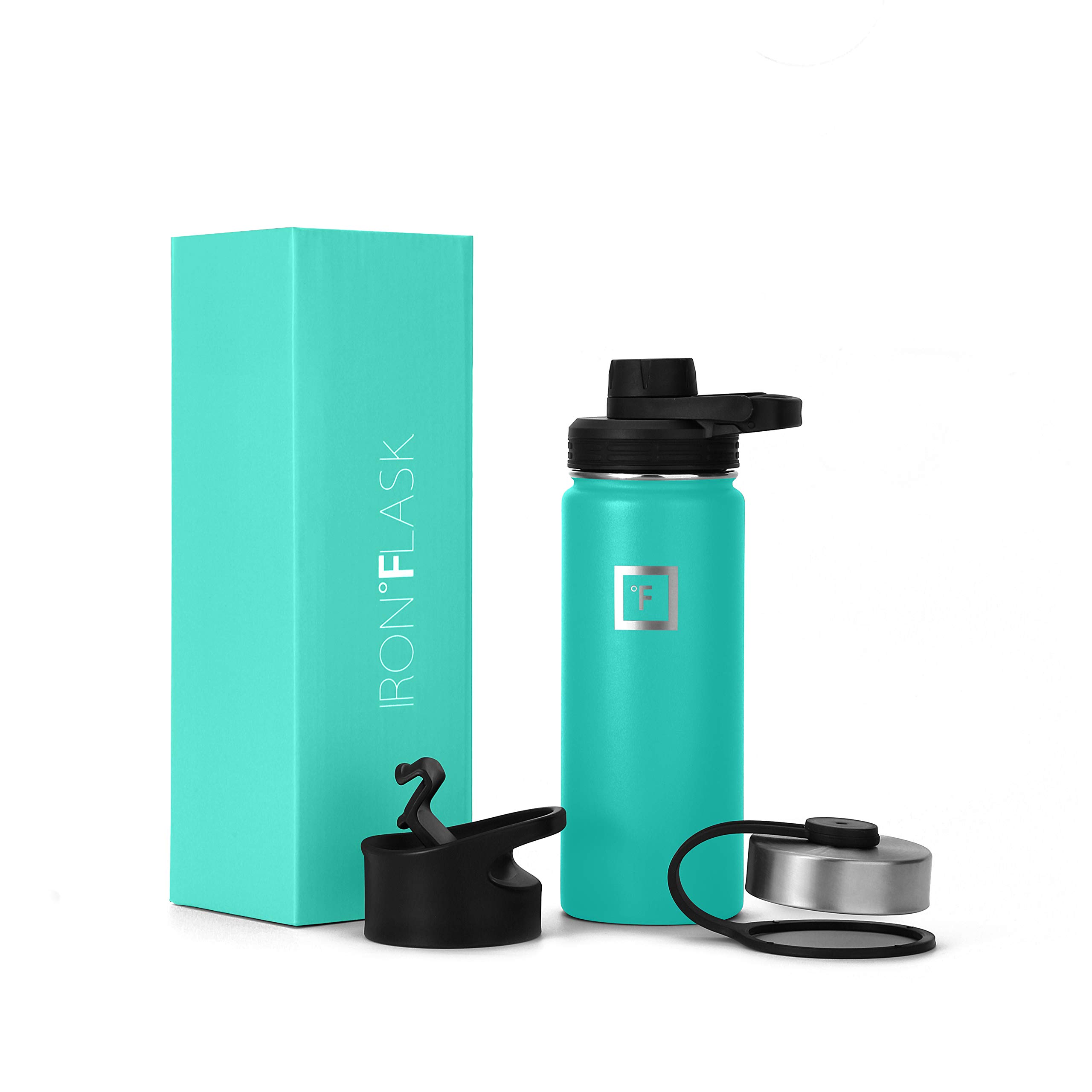 IRON °FLASK Sports Water Bottle - Wide Mouth with 3 Spout Lids - Stainless Steel Gym & Outdoor Bottles for Men, Women & Kids - Double Walled, Insulated Thermos, Metal Canteen - Aquamarine, 18 Oz