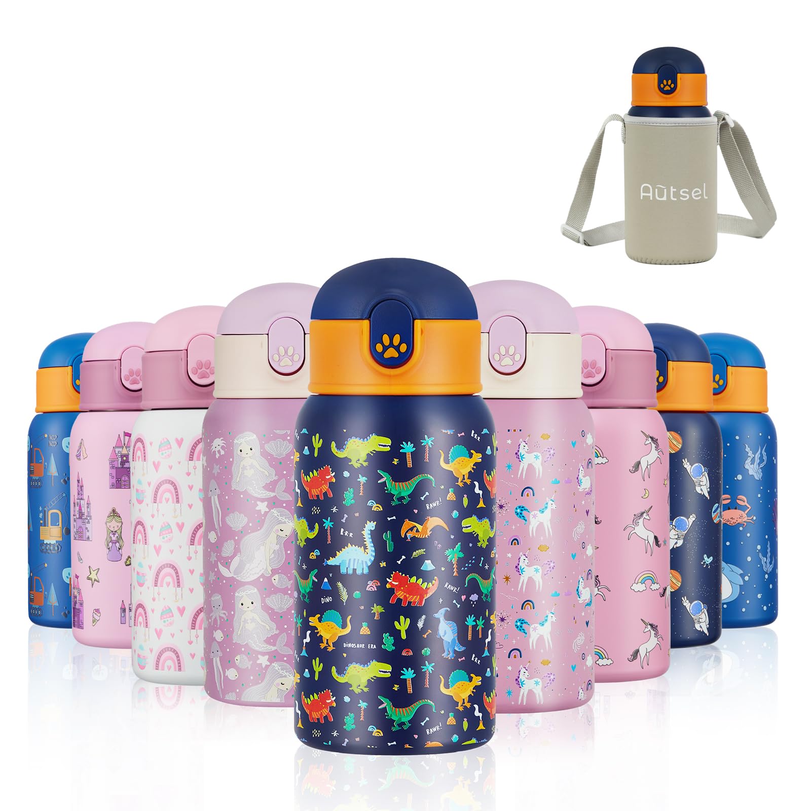 Autsel Kids Water Bottles with Straw 500ml, Childrens Insulated Water Bottle Stainless Steel BPA-Free, Kids Metal Water Bottle for Girls/Boys, Keep Hot/Cold