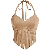 WDIRARA Women's Asymmetrical Fringe Hem Tie Backless Halter Vest Slim Fit Suede Vintage Crop Tank Tops