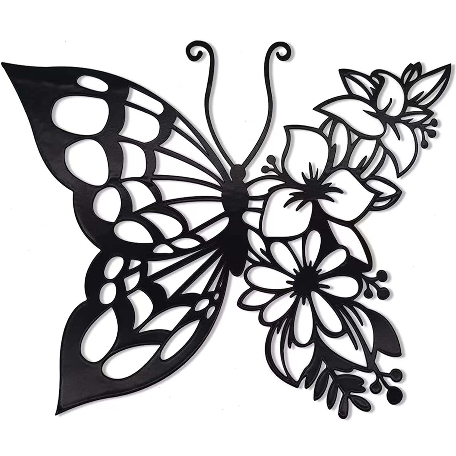 URCHUZE Black Metal Butterfly Flower Wall Decor - 27x22cm Indoor Outdoor Mural for Living Room Bathroom Garden Yard Fence Home Decoration