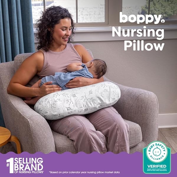 BOPPY NURSING PILLOW – FIRM, ERGONOMIC U-SHAPED BOTTLE AND BREASTFEEDING PILLOW WITH HIGH LIFT FOR COMFORT AND SUPPORT, SPACIOUS SURFACE – GRAY GENTLE LEAVES