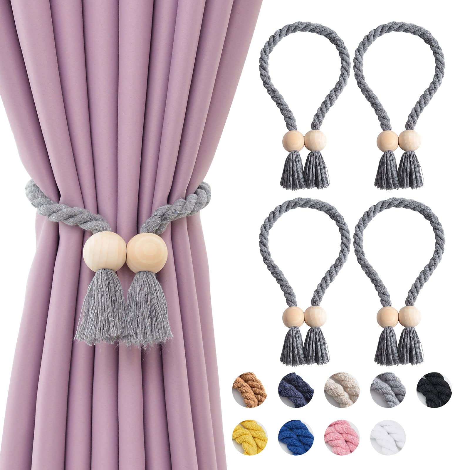 Pretty Jolly 4 Pack Wooden Ball Magnetic Curtain Tiebacks Boho Home Decor Drape Tie Backs Natural Cotton Hand Woven Rope Curtain Holdbacks for Thin & Thick Home & Office Window Draperies (Grey)