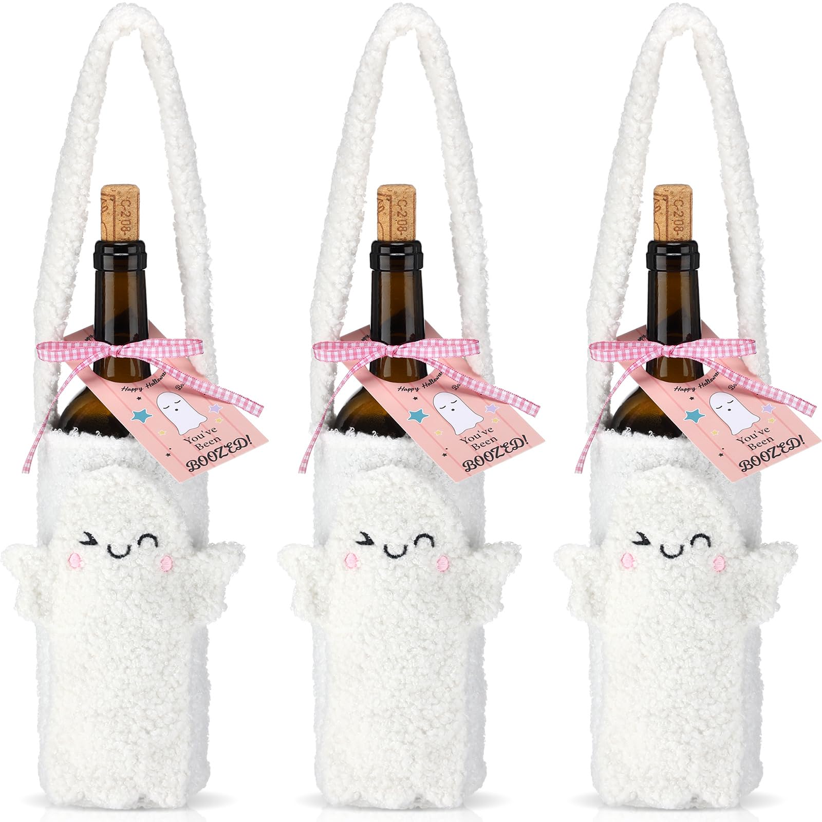 Photo 1 of Potchen 3 Set Halloween Ghost Wine Bottle Holder Set with Smiling Face and Handle Boo Bag Reusable Travel Protector Sleeve Case You've Been Booed Tags with Ribbon for Halloween Party