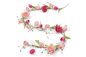 DIYFLORU 5 FT Valentines Day Garlands Romantic Valentine Flower Garland Rose Valentines Floral Garland Red Pink Tulip Vine for Mantle Arch Stairs Railing Table Centerpiece Wedding Hanging Decorations
