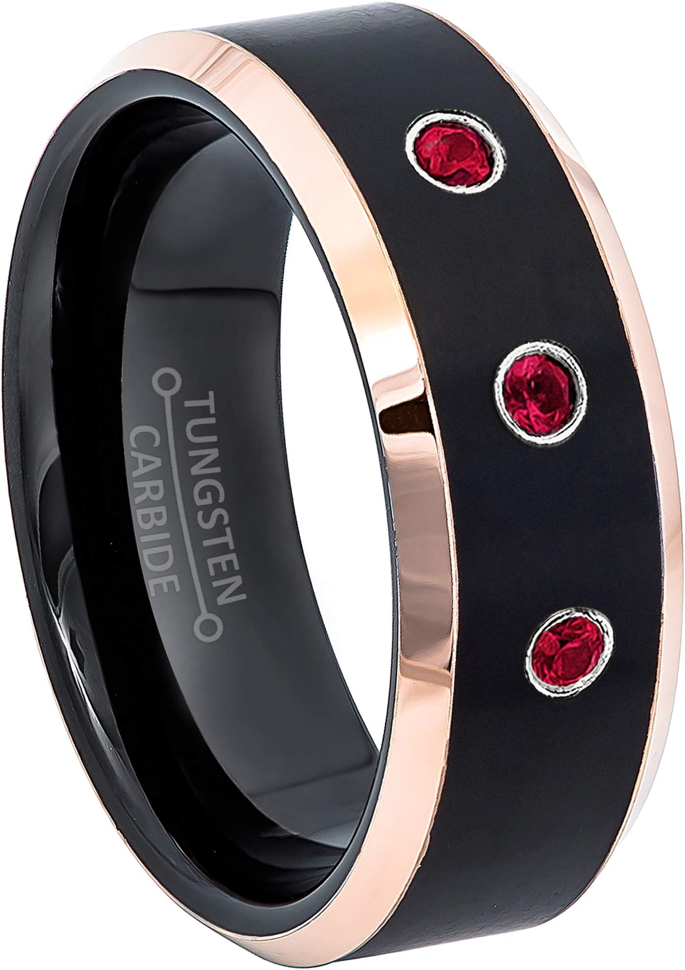 Jewelry Avalanche 8MM Brushed 2-Tone Rose Gold Beveled Edge Tungsten Carbide Wedding Band - 0.21ctw Ruby 3-Stone Tungsten Ring - July Birthstone Ring