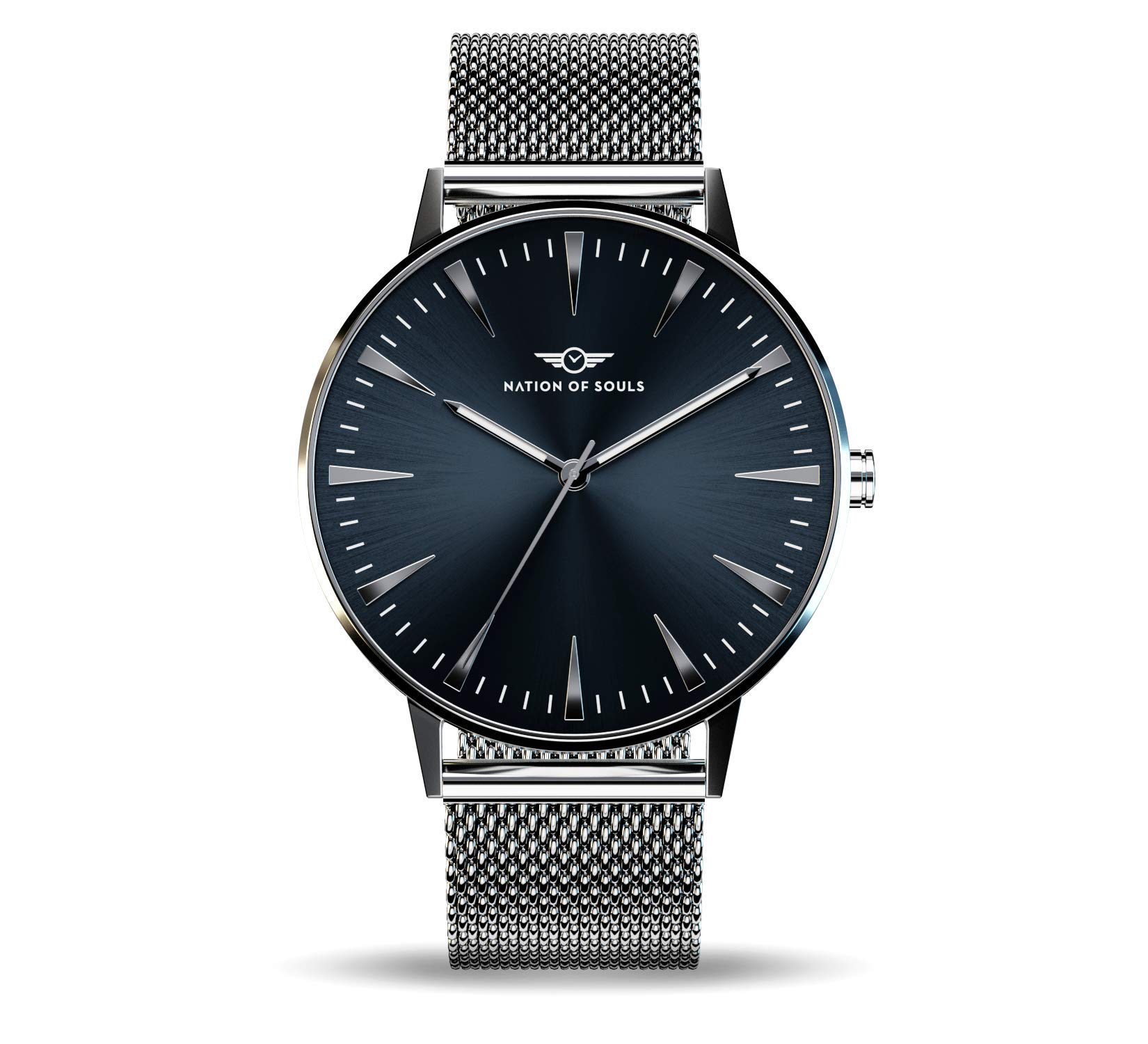 Nation of Souls Argo Collection Silver Gloss and Blue Unisex 42mm Stainless Steel Case Wrist Watch with 20mm Mesh Strap British Designed Watches