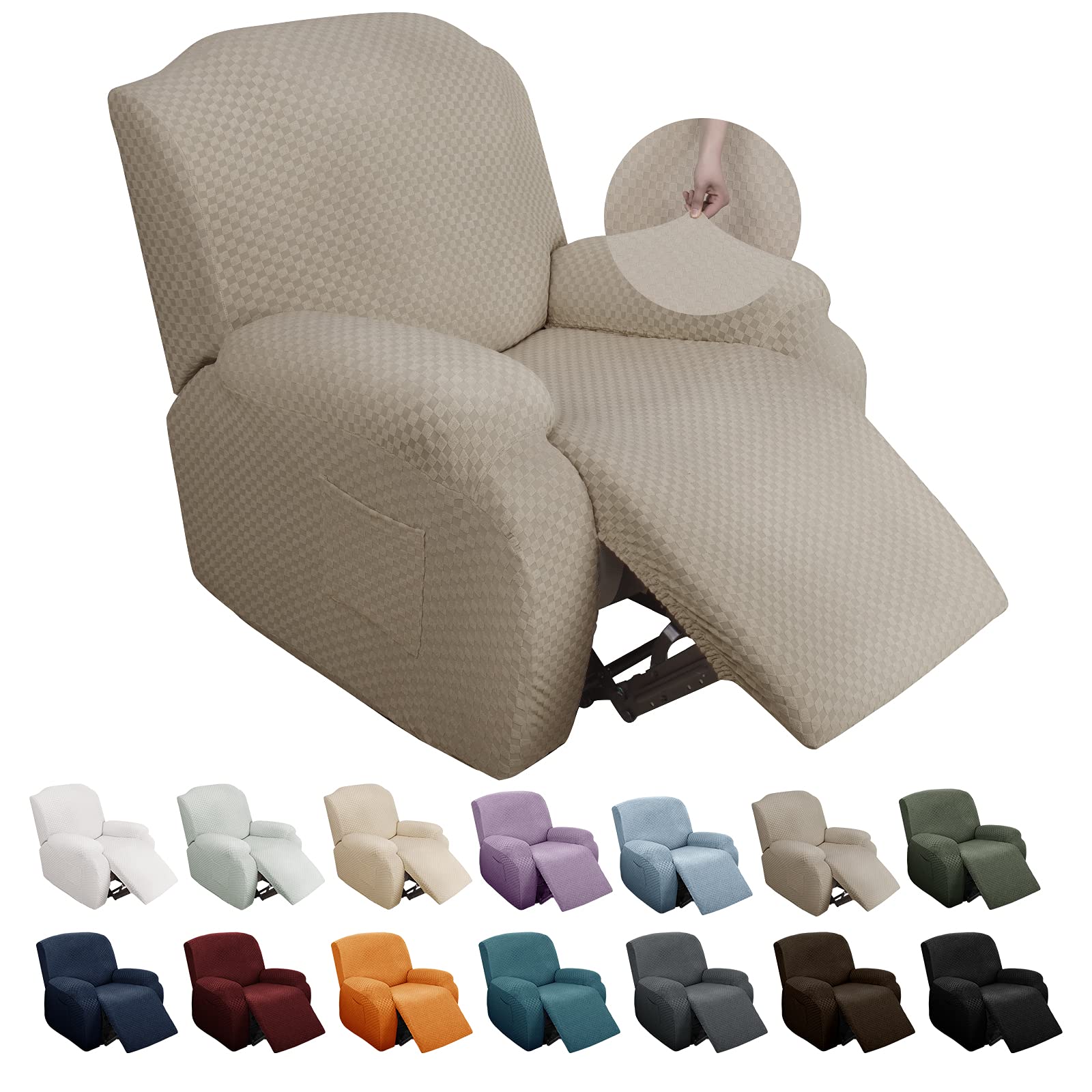 Photo 1 of ***SIMILAR ITEM***
YEMYHOM 4 Pieces Stretch Recliner Slipcover Latest Jacquard Recliner Chair Cover with Side Pocket Anti-Slip Fitted Recliner Cover Couch Furniture Protector with Elastic Bottom (Recliner, Khaki)