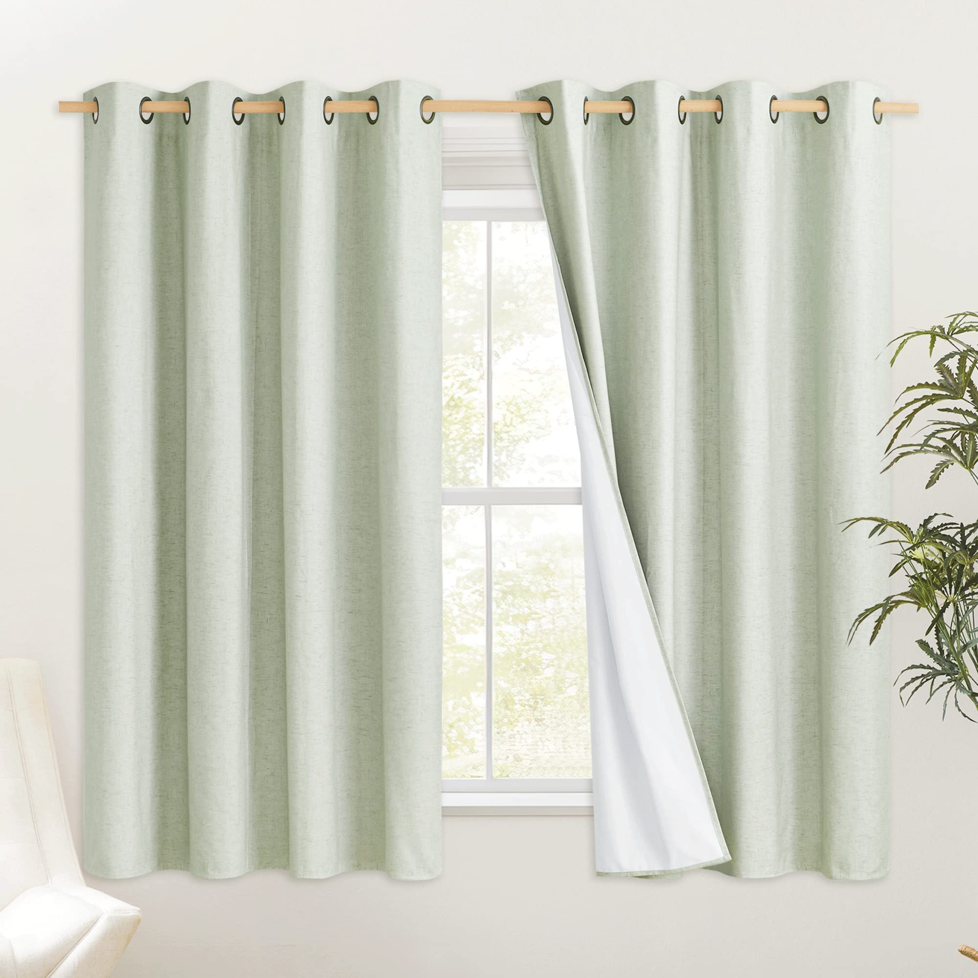 NICETOWN Sage Green 100% Blackout Short Curtains 68 inches Lenghth Burg for Kitchen, 2 Panels, Burlap Linen Drapes with Thermal Insulated White Liner, Keeping Out Cold Air and Heat Panels Image