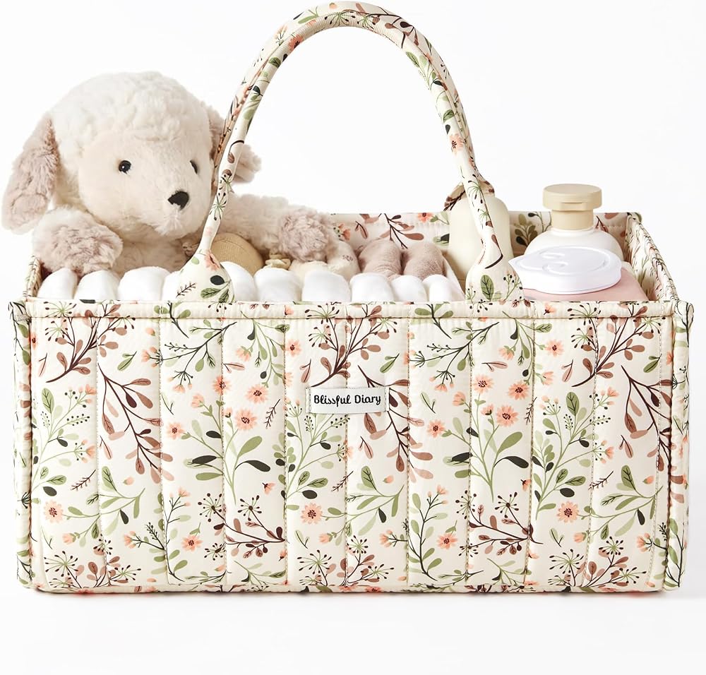 Blissful Diary Floral Diaper Caddy Organizer Storage Basket, Pastoral Daisy | Portable Storage Basket with Removable Dividers