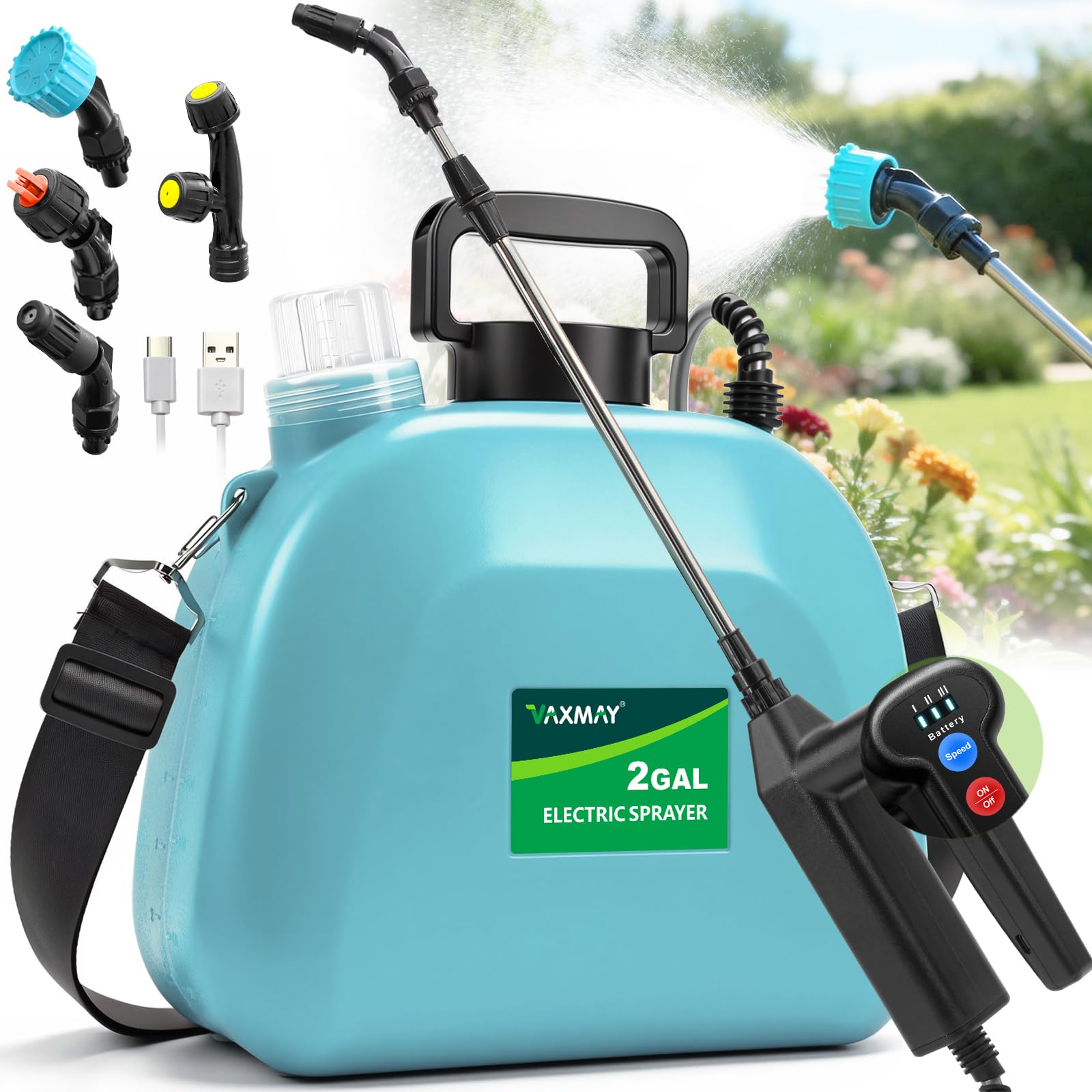 Photo 1 of **USED, INCOMPLETE** VAXMAY Battery Powered Sprayer 2 Gallon, Upgrade Electric Garden Sprayer with 3 Adjustable Speed, Battery Indicator, 4 Mist Nozzles, Rechargeable Handle, Retractable Wand, Shoulder Strap for Weed Lawn