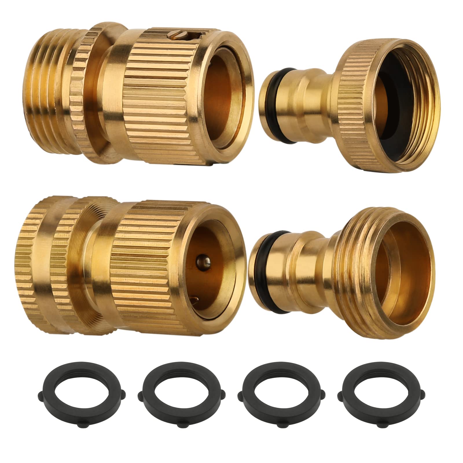 Garden Hose 4 Pieces, 3/4 inch Brass Garden Hose Tap Connector, Brass Hose Connector Adapter with 4 Pieces Sealing Ring, Faucet Adapters with External Threads, for Garden Pipe Tub Lawn Water Hoses