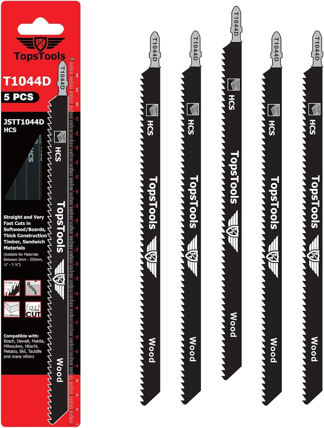 5 x TopsTools JSTT1044D T1044D 250mm Jigsaw Blades Designed for Long Clean Straight and Fast Cuts in Wood
