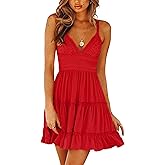 ECOWISH Summer Dresses for Women 2026 V-Neck Spaghetti Strap Bowknot Backless Sleeveless Lace Mini Swing Skater Dress