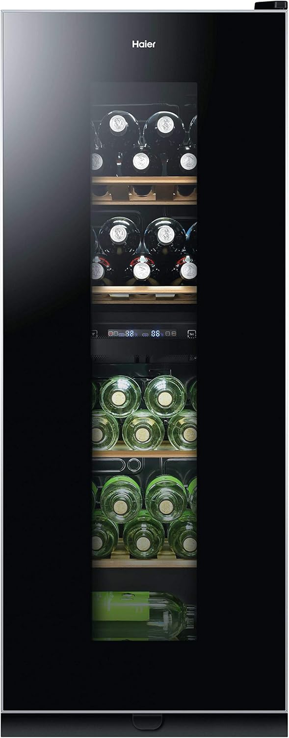 Haier WS46GDBE Weinkühlschrank/2 separate Kühlkreisläufe/127 cm Höhe/LED Display/UV-undurchlässige Glasscheibe/Anti-Vibrationskompressor/5 Edelholzablagen