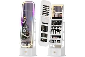 SKKTKT 360° Swivel Jewelry Cabinet with Lights - RGB Vanity Mirror | Rotatable Full Length Mirror with Jewelry Storage, Standing Jewelry Armoire Organizer, Foldable Makeup Shelf, White (White 052)