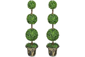 DREAMADE 4ft Boxwood Topiary Trees Artificial Outdoor & Indoor Set of 2, Weatherproof Faux Plants Ball Tree w/Cement-Filled Plastic Pot, Fake Shrubs Plants for Front Porch Garden Home Office Wedding