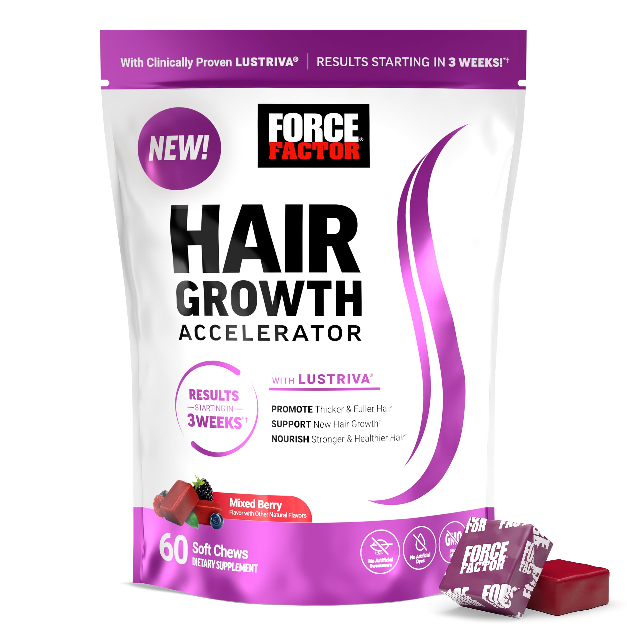 Force Factor Hair Growth Accelerator Soft Chews, Hair Growth Vitamins for Women and Men with Clinically Studied Lustriva and Biotin, Promotes Thicker, Fuller, Stronger Hair, Mixed Berry, 60 Soft Chews