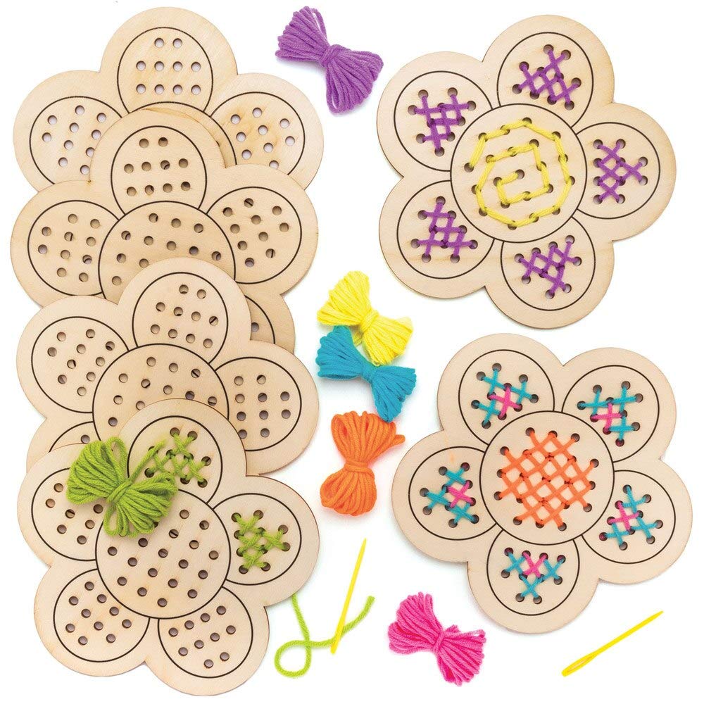 Baker Ross Flower Wooden Threading Kits - Pack of 4, Sewing Arts and Crafts, Craft For Kids (AT378)