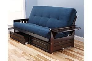 KODAIK Queen Size Phoenix Espresso Frame w/ 7 Inch Mattress Microfiber Suede Futon Set Wood Sofa Bed (Navy Mattress, Frame w/Drawers (Queen Size))