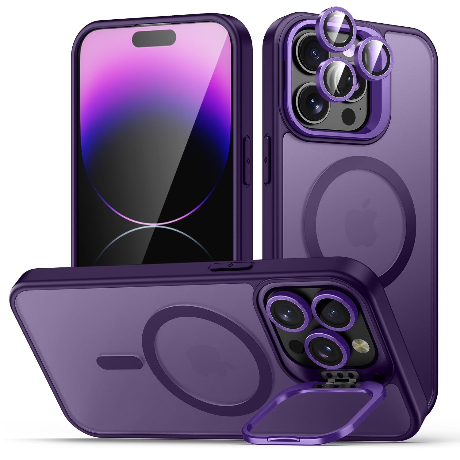 TOBOVON for iPhone 14 Pro Max Case, Compatible with MagSafe, Built-in Camera Ring Stand, with Individual Camera Cover, Translucent Matte Military-Grade Drop Protection Magnetic Case, Purple