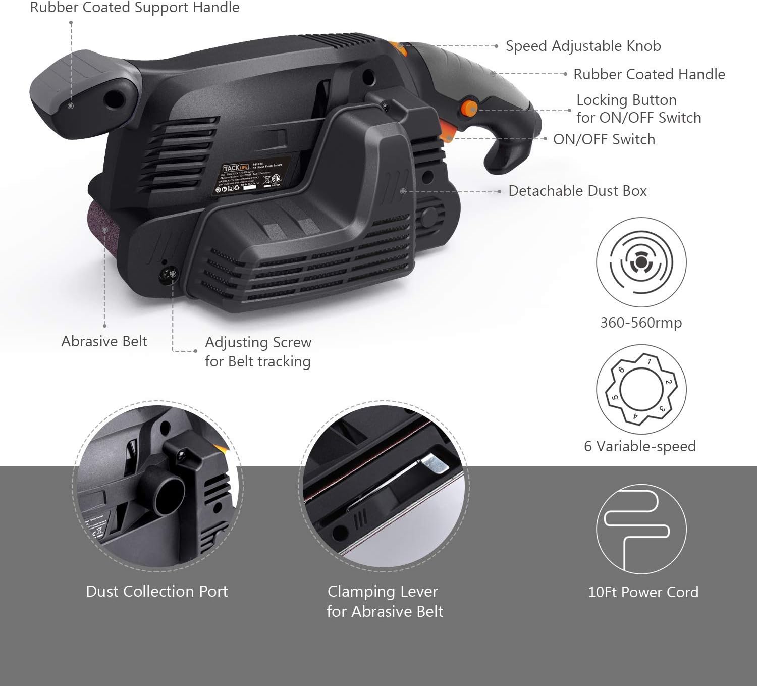 TACKLIFE 3 ×18-Inch Belt Sander with 13Pcs Sanding belt, Bench Sander with Screw Clamps, Vacuum Adapters - PSFS1A - - 