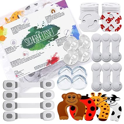 PIHU XXL Kinder Sicherheitsset (46x Stk.) Baby Erstausstattung (24x Steckdosensicherung + 6x Kindersicherung Türschloss + 4x 