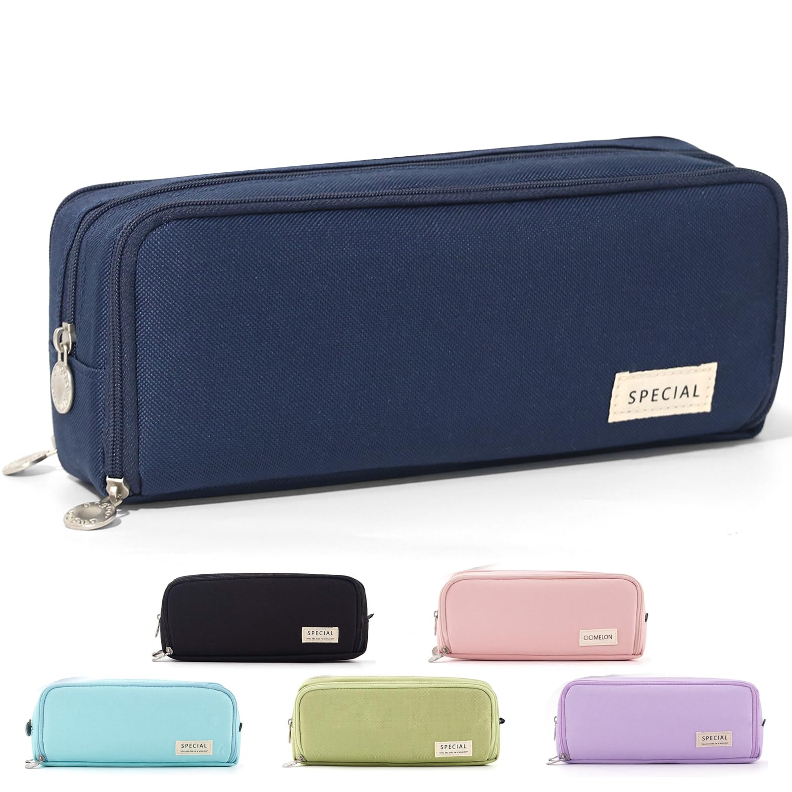 CICIMELON Pencil Case Large Capacity Pencil Pouch 3 Compartments Pencil Bag Gift for Students Girls Adults Women (Navy)