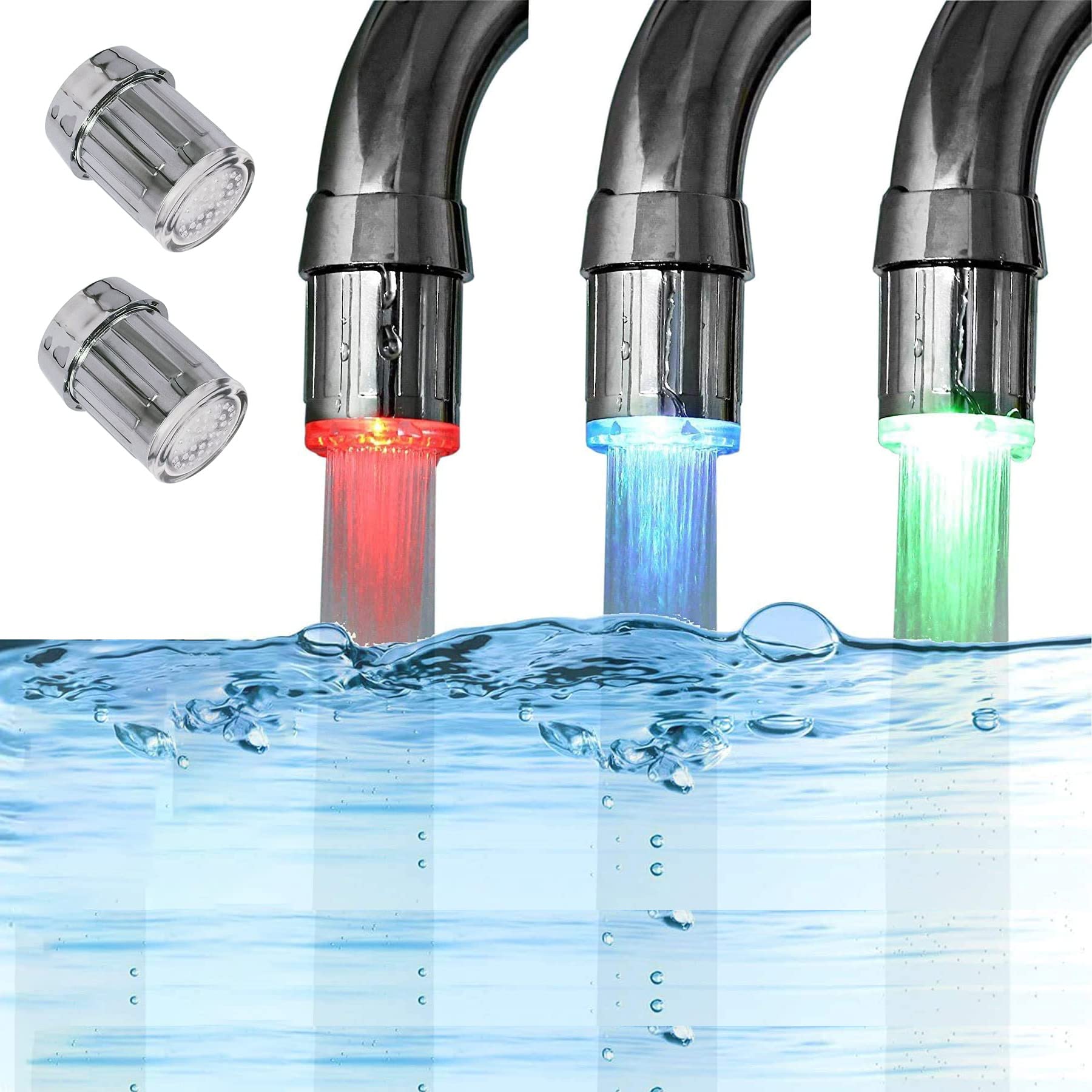 Photo 1 of 2 Pack 3-Color Temperature Sensitive Gradient LED Water Faucet Light - Color Changing Tap for Kitchen & Bathroom