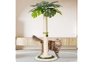 Meowoou Cat Scratching Post for Space-Saving,35” Tall Modern Monstera 3 Layer Cat Tree Tower with Sisal Rope Hanging Interactive Ball for Indoor Cats and Kitten Climbing,Play & Rest