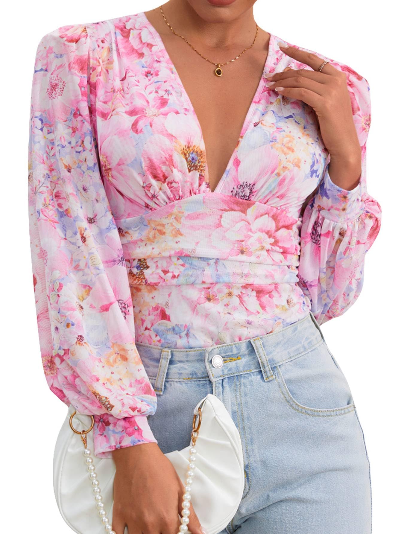 Photo 1 of Milumia Women's Long Sleeve Deep V Neck Leotard Shirts Elegant Floral Bodysuit Tops. SIZE M