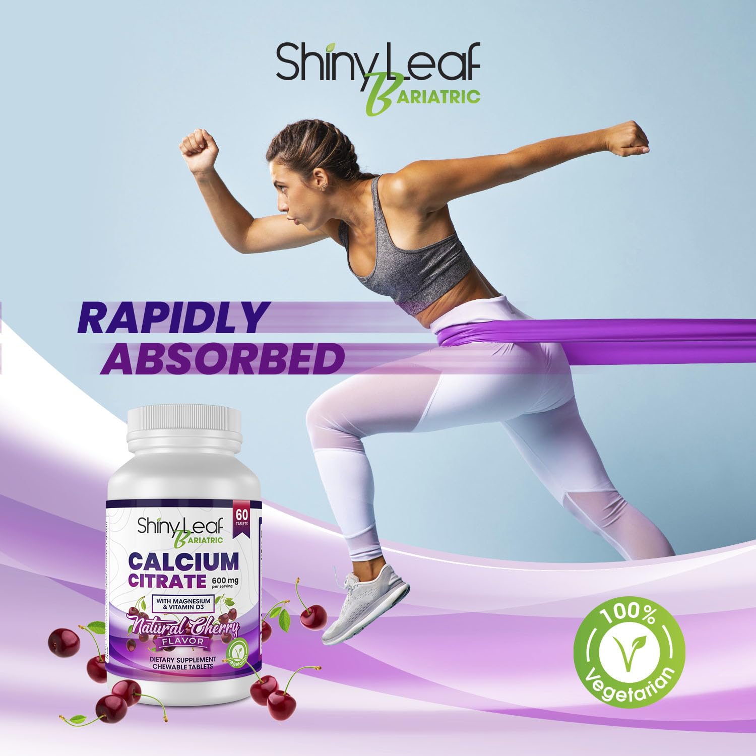 Shiny Leaf Bariatric Calcium Citrate 600 mg Supplement for Bariatric Surgery Patients, 60 Ct Chewable Tablets with Magnesium, Vitamin D3, Natural Cherry Flavor, Vegetarian Formula (1 Month), White