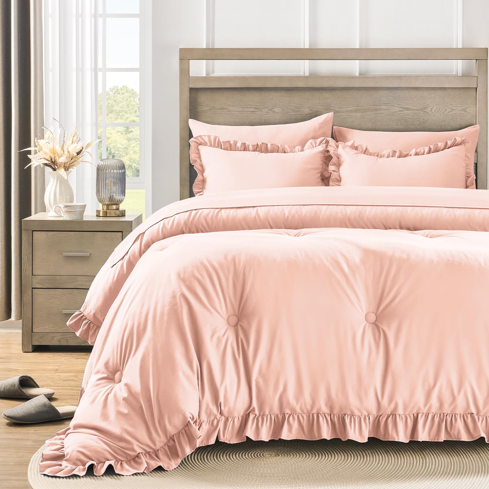 Photo 1 of QUIETSEA Twin Bed in a Bag 5 Pieces Comforter Set Twin, Ruffle Shabby Chic Bedding Comforter Set Pink Bed Set with Comforter, Pillowcase, Flat Sheet, Fitted Sheet and Pillow Sham