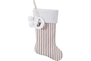 JKSVE 19.5 Inch Vintage Cream Vertical Stripe Christmas Stocking w/Poms, Personalized Wooden Initial Monogram Christmas Stocking, Christmas Party Family Decor