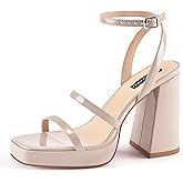 MIRAAZZURRA Platform Strappy Heel Sandals Square Open Toe Two Strap Chunky High Heeled Sandals with Buckle Ankle Strap for Women Party Wedding Dress