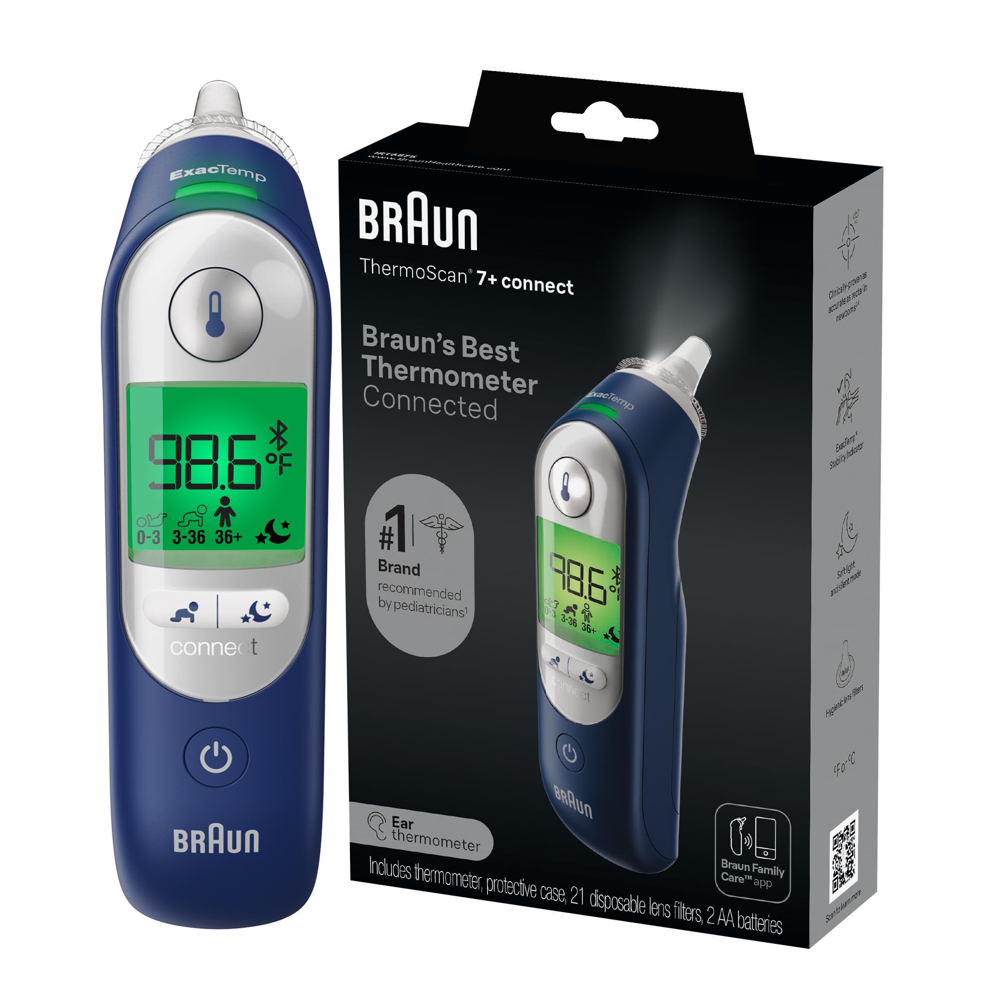 Braun ThermoScan 7+ Connect Digital Ear Thermometer - Family Care App Compatible, Age Precision Technology, Color-Coded Display, No. 1 Brand Recommended by Pediatricians