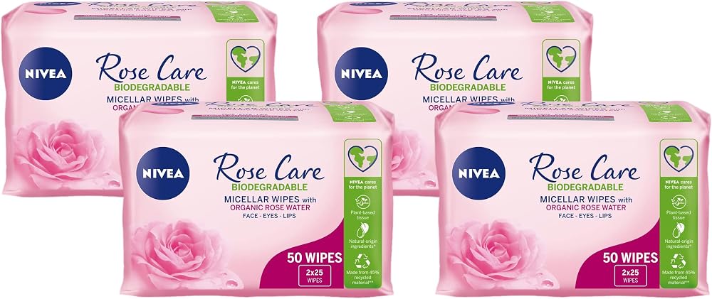 NIVEA Biodegradable Rose Care Cleansing Wipes 50 sheets Pack of 4