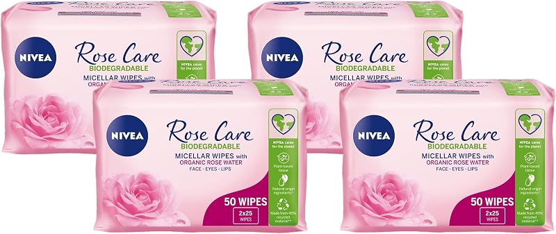 NIVEA Biodegradable Rose Care Cleansing Wipes 50 sheets Pack of 4