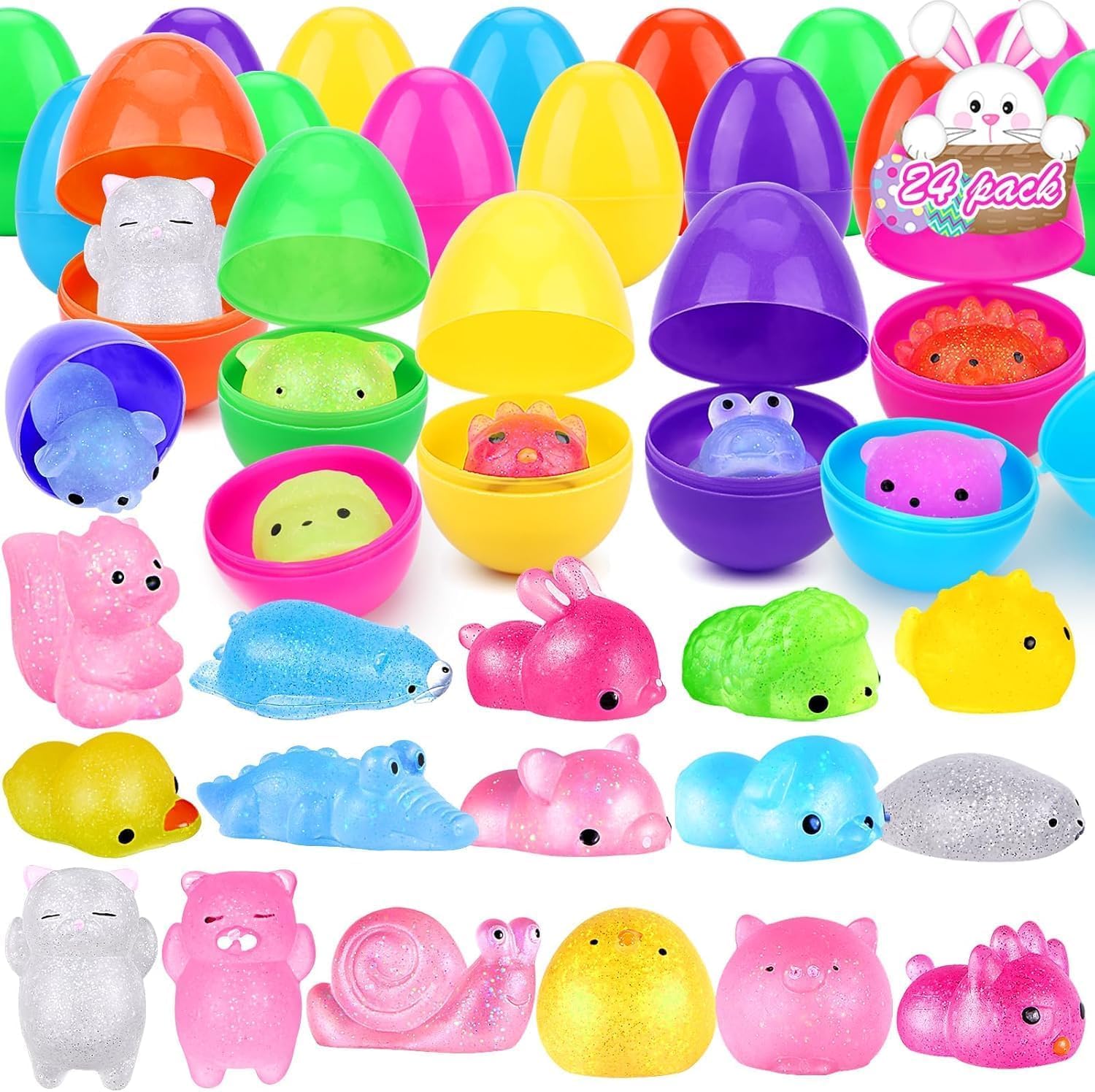 24 Pcs Prefilled Easter Eggs with Mochi Squishy , Easter Eggs with Glitter Mini Soft Animals Squishy Stress Relief