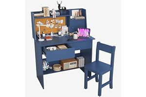 SFDOU Blue Kids Desk and Chair Set for 5-12 Year Old, Childrens Computer Desk with Drawers and Storage Shelf, Kids Study Table with Charging Station