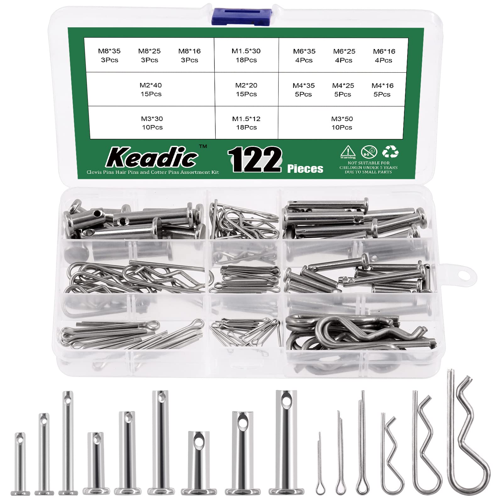 Keadic 122 Pcs 304 Stainless Steel Cotter and Clevis Pin Assortment Kit, M1.5-8 Hitch Clips and Flat Head Fastener Pins for Trailer Latch