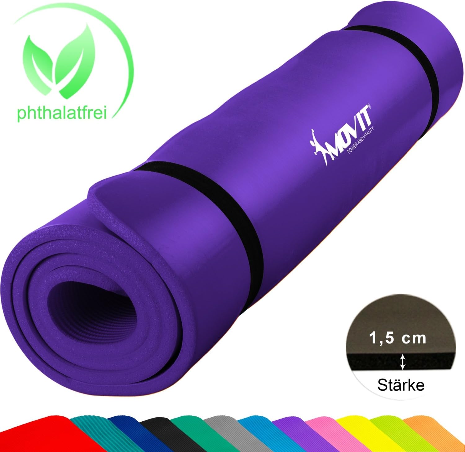Movit® Yoga Mat Pilates Gymnastics Mat Phthalate-free Exercise mat SGS tested 2 Sizes 190cm x 60cm or 100cm 1.5cm Thick Floor Mat available in 12
