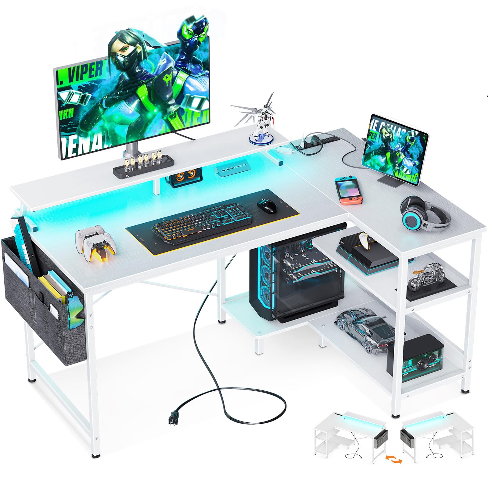 ODK 48 Inch Gaming Desk with USB Charging Ports and LED Lights, Reversible L Shaped Computer Desk with Storage Shelves & Monitor Stand, Corner Home Office Desk Table with Power Outlets, White